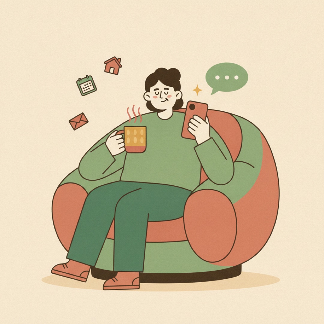 A relaxed illustrated person with their assistant handling the day