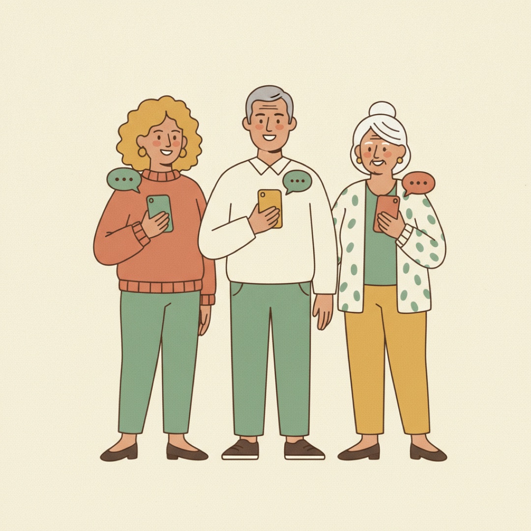 Friendly illustrated people, each texting their assistant